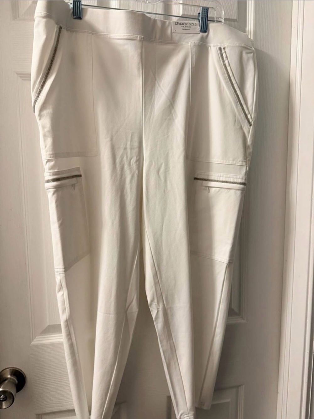 White Cargo Stretch Jogger Pants with Zip Trim - Picture 2 of 4